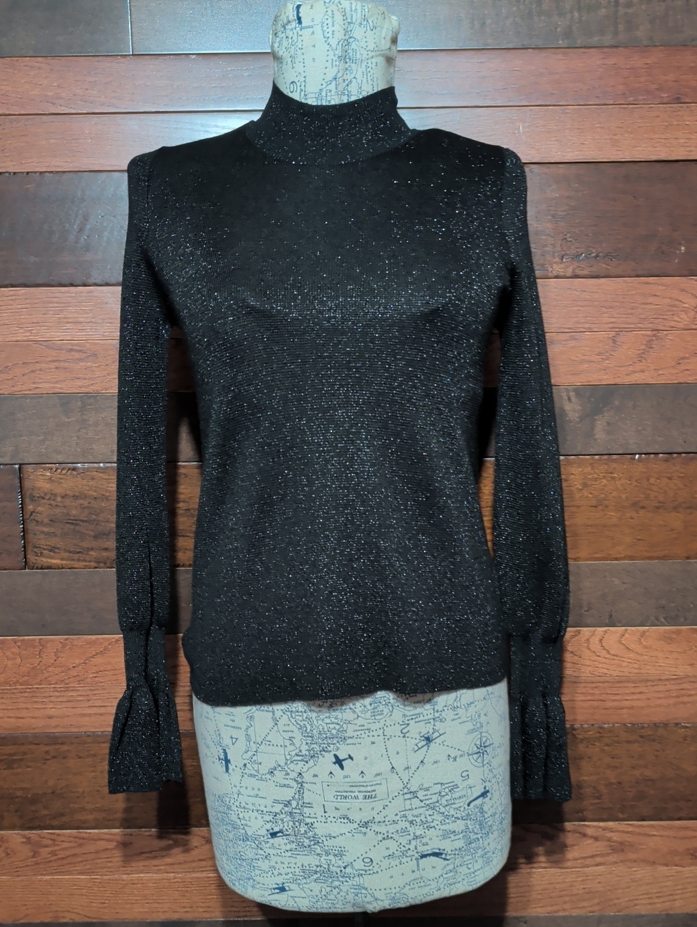 H&M Black Sparkle Mock Neck Sweater with Flared Cuffs